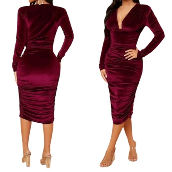 NWT Shein Lux Deep Plunge Velvet Midi Dress Burgundy Red Sz XL Women - Picture 1 of 11
